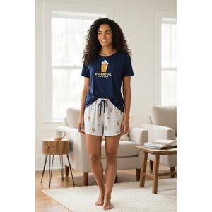 Life is Good Women’s Pajama Set Coffee Graphic Tee + Matching Shorts Size L